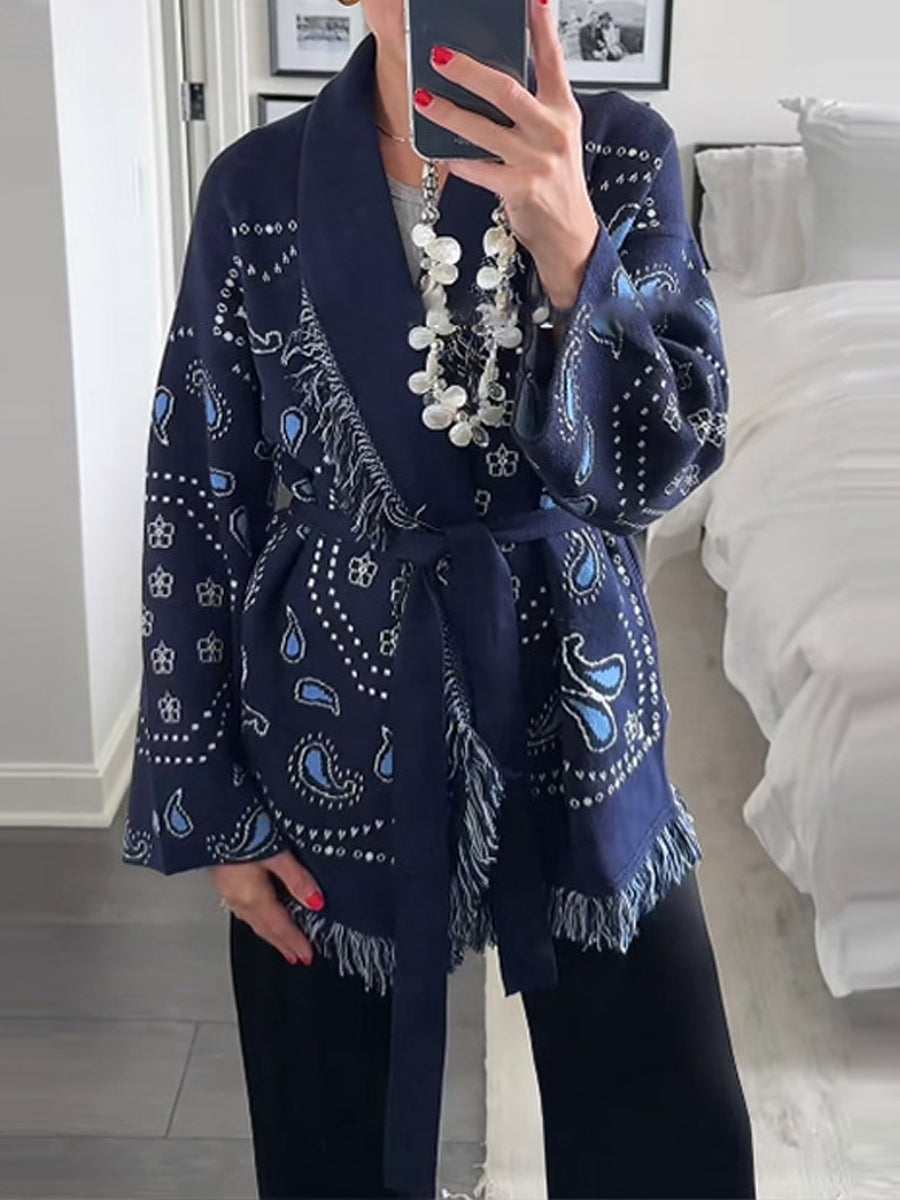 Paisley Print Fringe Trim Sweater Knit Cardigan