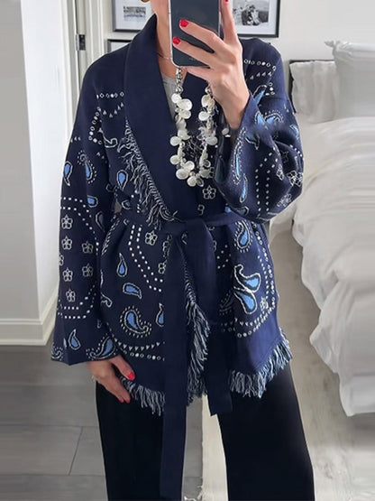 Paisley Print Fringe Trim Sweater Knit Cardigan