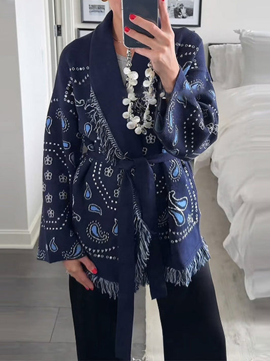 Paisley Print Fringe Trim Sweater Knit Cardigan