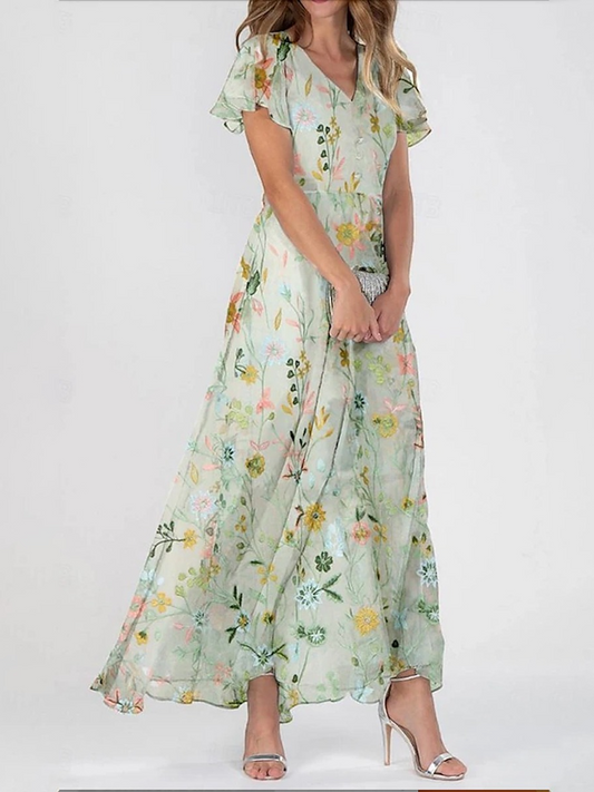 Distinctive V-Neck Short Sleeve Maxi Dress