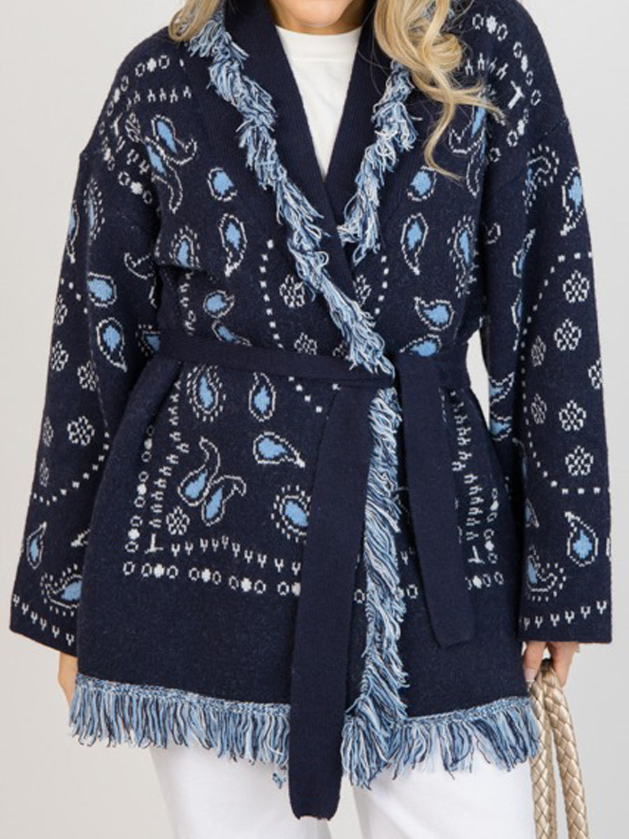 Paisley Print Fringe Trim Sweater Knit Cardigan