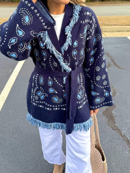 Paisley Print Fringe Trim Sweater Knit Cardigan