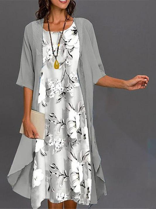Grey Print Midi Dress With Thin Jacket Two Piece Outfits