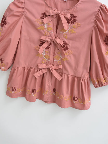 Embroidered Lace-Up Shirt