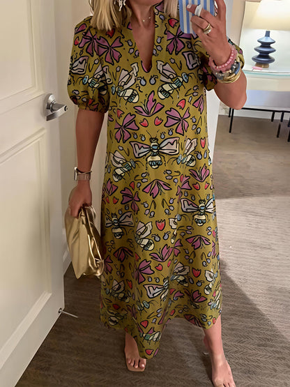 Printed V Neck Elastic Puff Sleeves Loose Maxi Dress