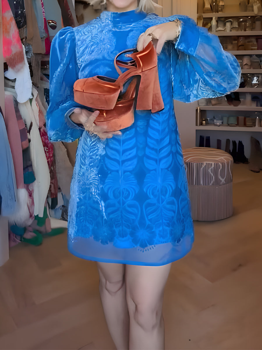 Backless Puff-Sleeve Velvet Mini Dress