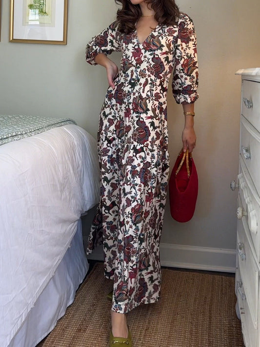 Floral Print V Neck Long Sleeve Maxi Dress