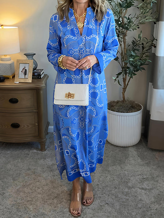 Elegant V-neck Printed Midi Dress