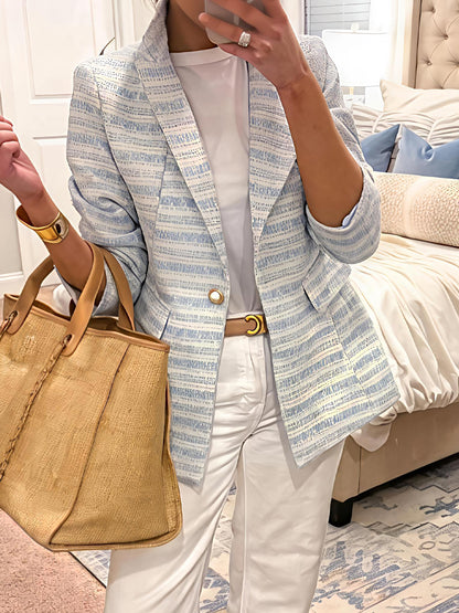 Elegant Pearl Button Woven Tweed Blazer