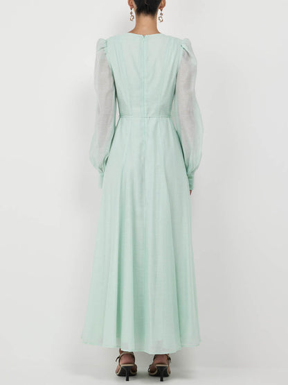 3D Flower V Neck Long Sleeve Belted Maxi Dress