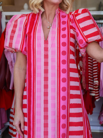 Printed V Neck Elastic Puff Sleeves Loose Maxi Dress