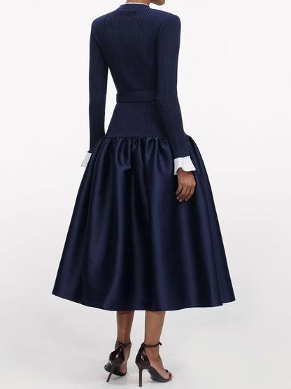 Gold Buttons Contrast Trims Dropped Waist Dress