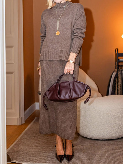 Knitted High Neck Sweater Two Pieces Dress