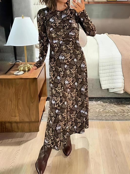 Ruched Bodice Printed Long Sleeve Dress