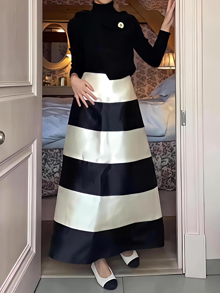 Color Block High Waist Midi Skirt
