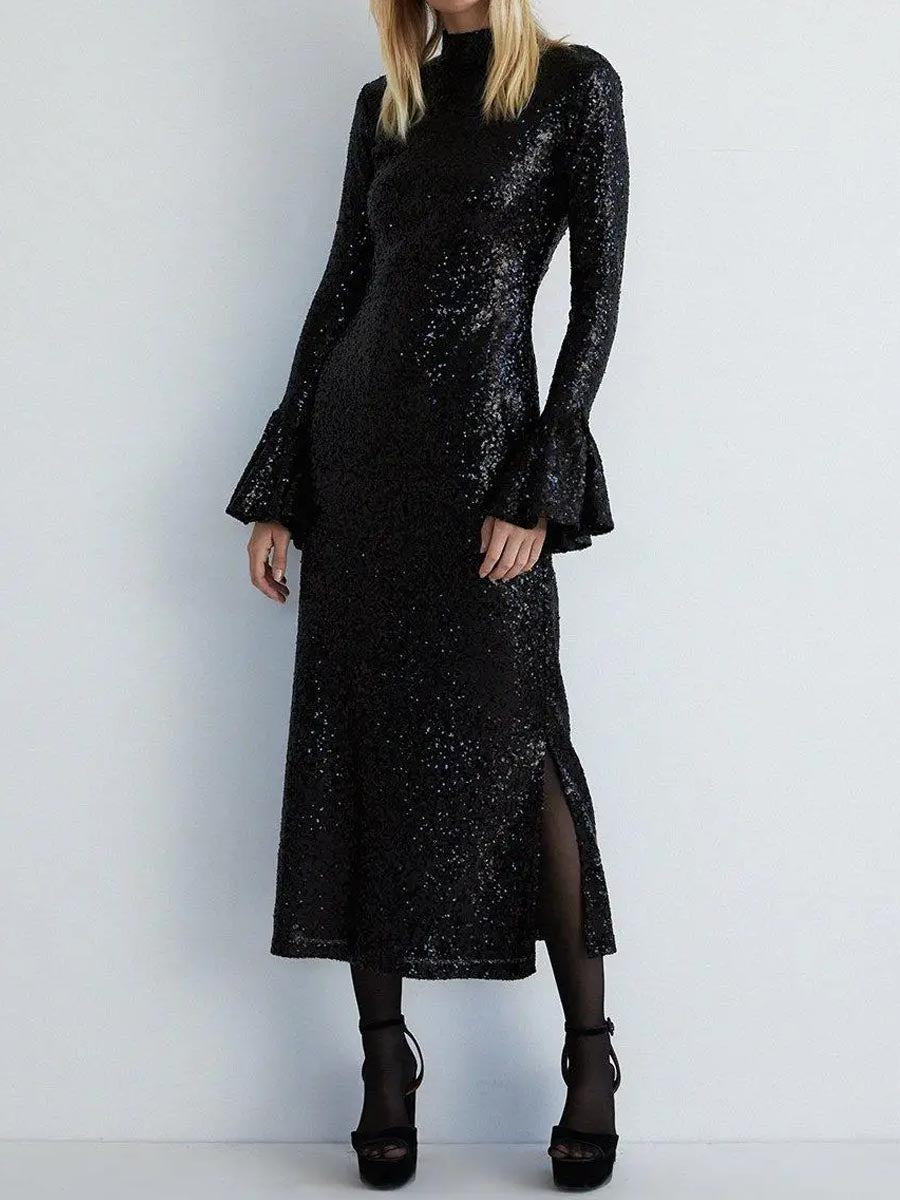 Sequin Bell Sleeve Funnel Neck Midi Dress