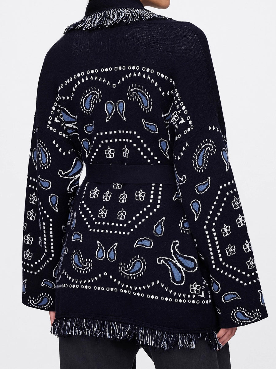 Paisley Print Fringe Trim Sweater Knit Cardigan