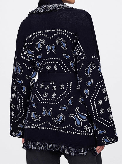 Paisley Print Fringe Trim Sweater Knit Cardigan
