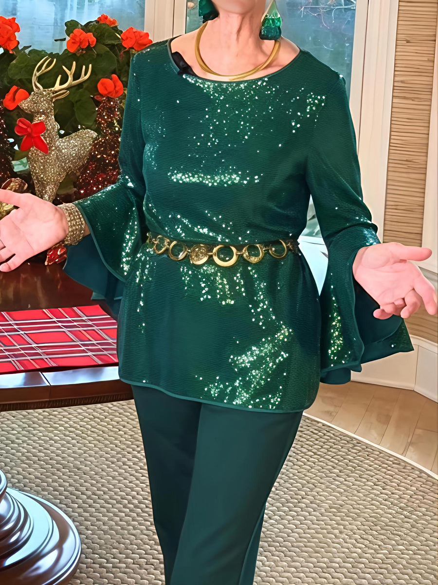 Sequined Round Neck Flare Sleeve Top
