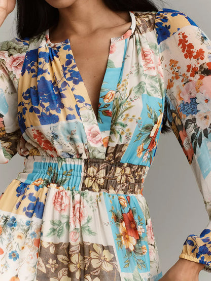 Printed V-neck Smocked Waist Maxi Dress