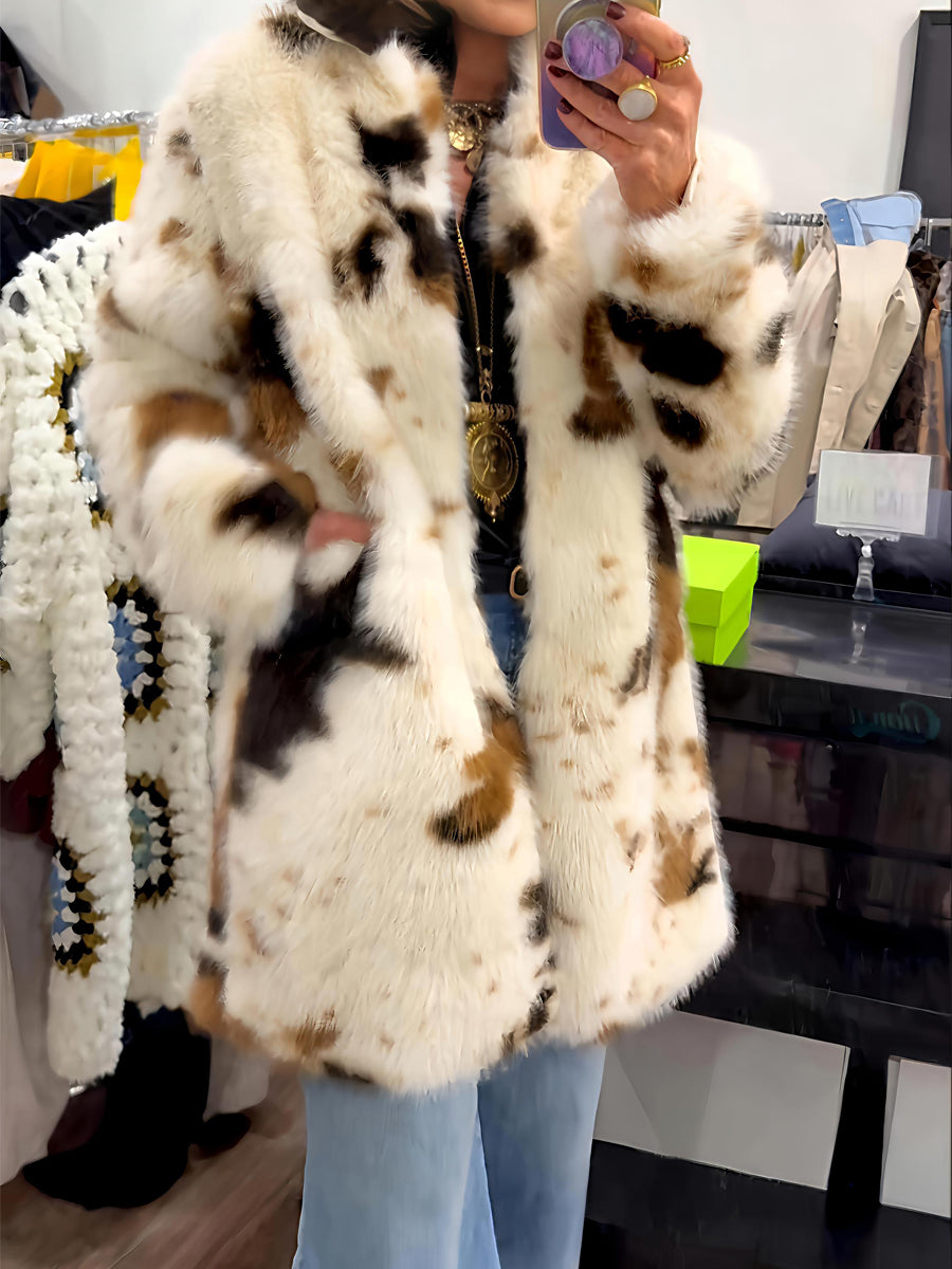 Cow Print Faux Fur Long Sleeve Coat
