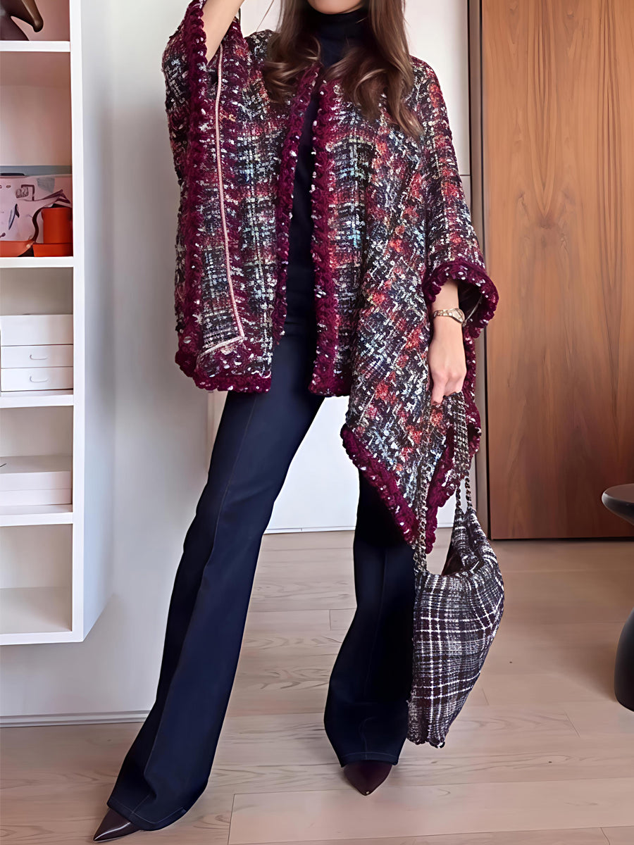 Multicolor Woven Pattern Tweed Cape