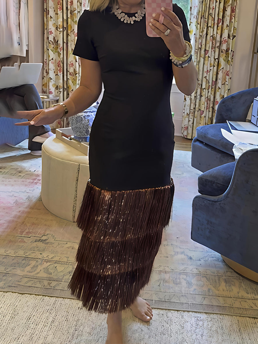 Fringed Hem Short Sleeve Maxi Dress