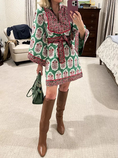 Stand Collar Placement Print Belted Mini Dress