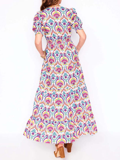 Elegant Printed V Neck Puff Sleeve Dress
