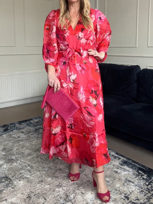 Printed V Neck Belted Midi Dress