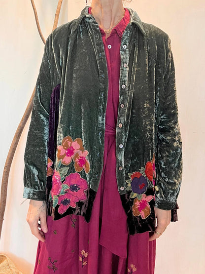 Embroidered Velvet Button-Front Shirt