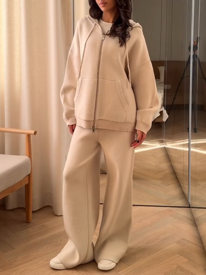 Oversized Zip-Up Hoodie And Wide-Leg Knit Pants Set