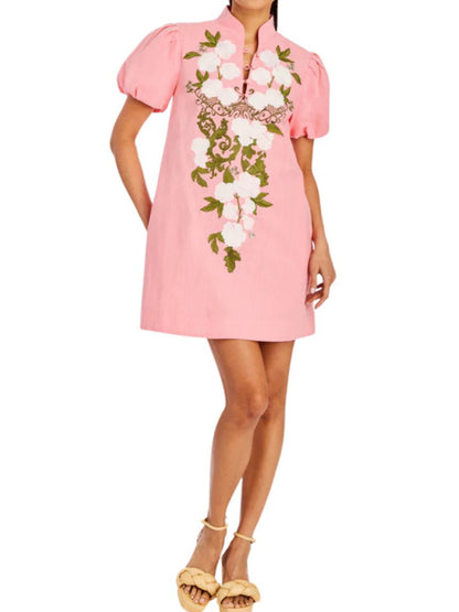 Spring Embroidered Short Dress With Pockets