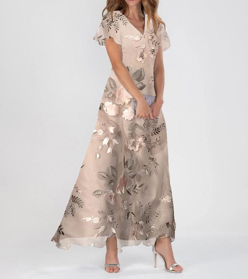 Champagne Floral Print Short Sleeve Maxi Dress