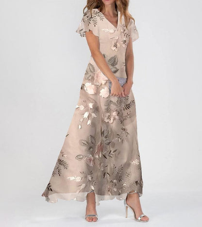 Champagne Floral Print Short Sleeve Maxi Dress