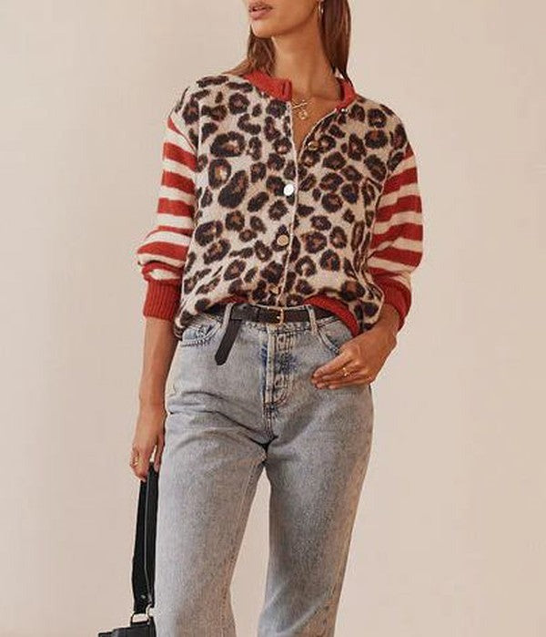 Unique Leopard Collarless Long Sleeve Cardigan