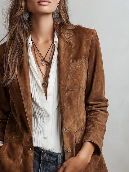 Brown Plain Long Sleeve Blazer