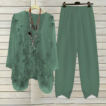 Apricot Plant Print V-Neck Two Piece Set