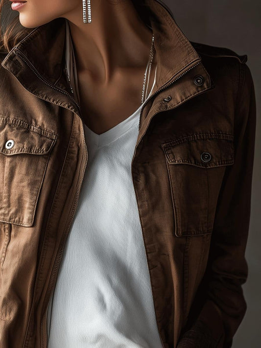 Classic Brown Utility Jacket – Timeless Cotton Field Style With Functional Pockets
