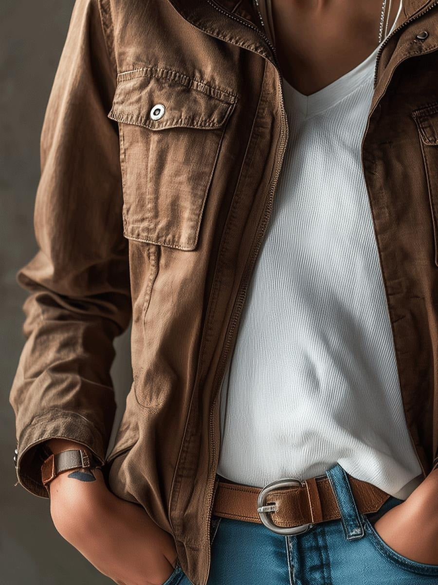 Classic Brown Utility Jacket – Timeless Cotton Field Style With Functional Pockets