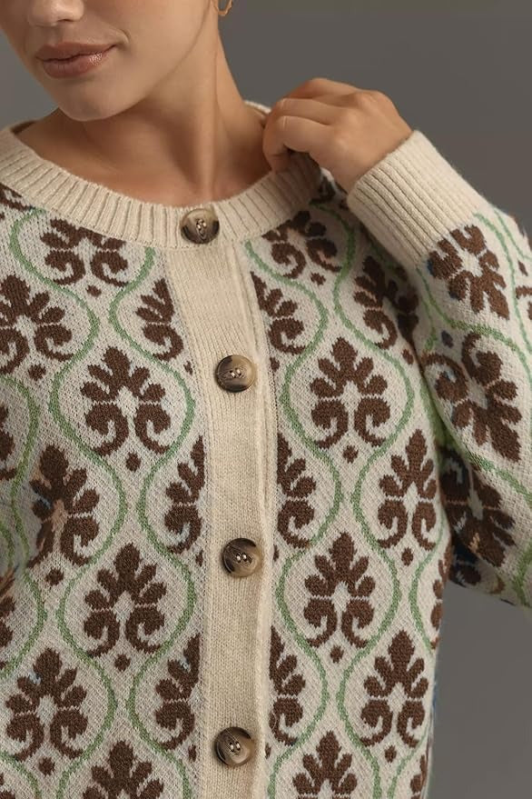 Women Floral Cardigan Sweater Open Front Long Sleeve Button Down Knit Sweater Vintage Outerwear