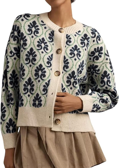 Women Floral Cardigan Sweater Open Front Long Sleeve Button Down Knit Sweater Vintage Outerwear