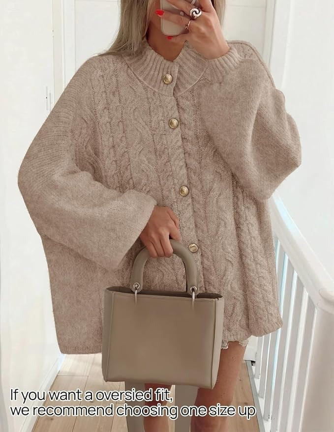 Women's Button Down Cardigan Sweaters Fall Lantern Long Sleeve Mock Neck Chunky Knit Outerwear Coat