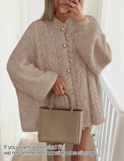 Women's Button Down Cardigan Sweaters Fall Lantern Long Sleeve Mock Neck Chunky Knit Outerwear Coat