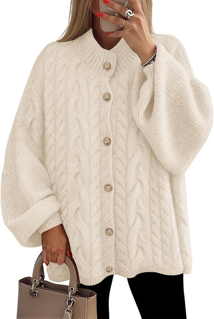 Women's Button Down Cardigan Sweaters Fall Lantern Long Sleeve Mock Neck Chunky Knit Outerwear Coat