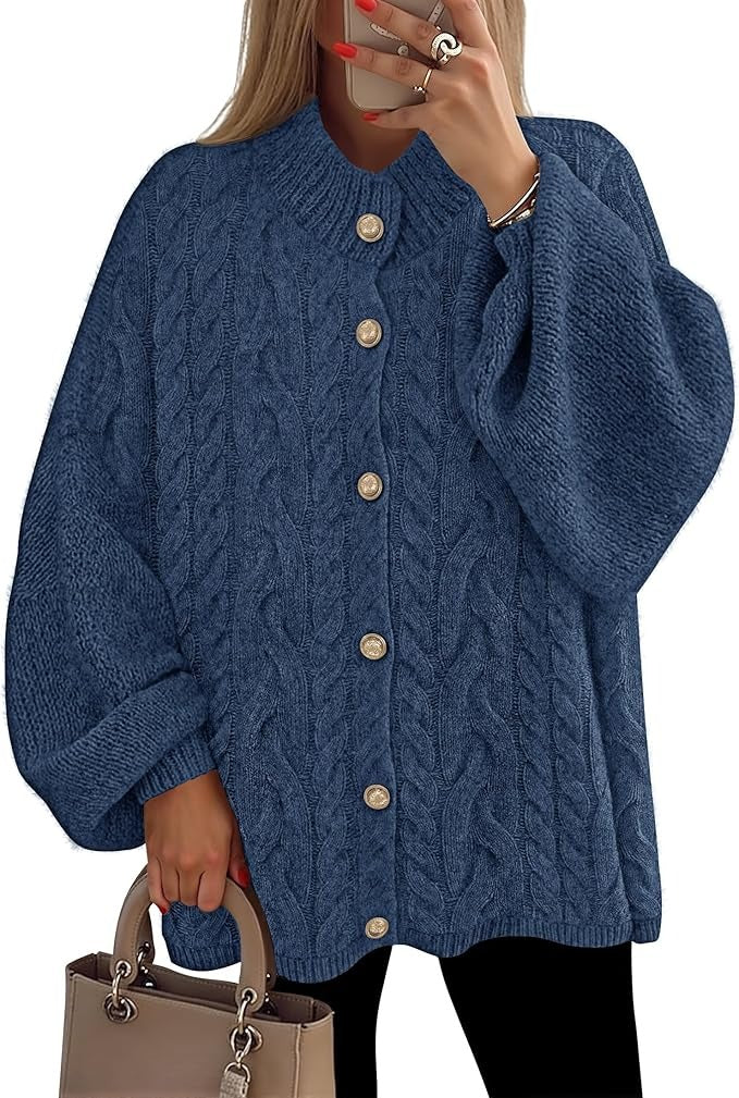 Women's Button Down Cardigan Sweaters Fall Lantern Long Sleeve Mock Neck Chunky Knit Outerwear Coat