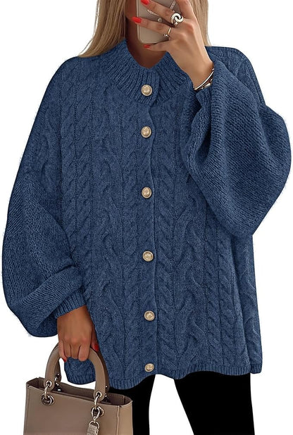 Women's Button Down Cardigan Sweaters Fall Lantern Long Sleeve Mock Neck Chunky Knit Outerwear Coat