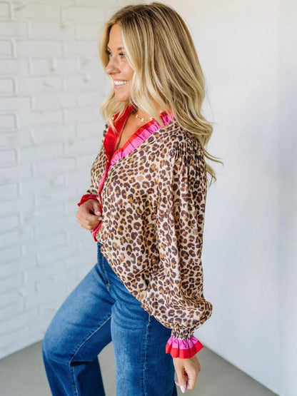 Leopard Contrast Trim Long Sleeve Top