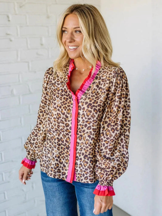 Leopard Contrast Trim Long Sleeve Top