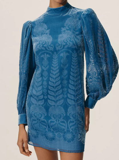 Backless Puff-Sleeve Velvet Mini Dress